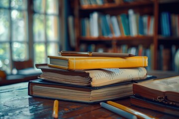 Aufkleber - A collection of books stacked on a wooden table, great for office or home use