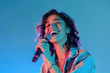 Poster - A woman performing on stage with a microphone, great for music-related uses