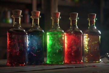 Poster - Colorful glass bottles placed on a wooden table, great for still life photography or product display