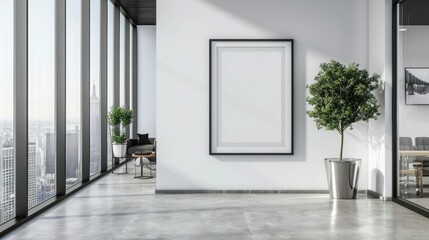 Wall Mural - Empty picture frame mockup on a wall vertical frame mockup in modern minimalist interior with plant in trendy vase on wall background, Template for painting, photo or poster