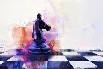 Poster - A single black and white chess piece sits on a checkered floor, waiting to be played