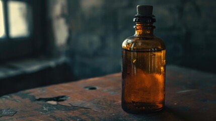 Poster - A brown glass bottle sits atop a wooden table, awaiting use or decoration
