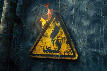 Poster - A warning sign with yellow and black colors on a wall, suitable for use in safety-related contexts