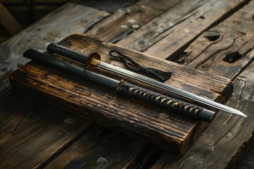 Poster - Two knives placed on a wooden table, suitable for various settings and themes