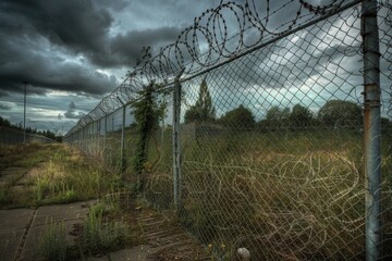 Poster - A chain link fence with barbed wire surrounding it, often used for security or containment purposes