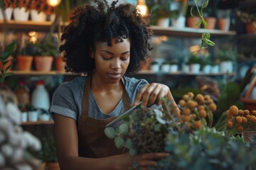 Aufkleber - A woman carefully arranging flowers in a vibrant flower shop