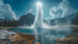 A dramatic nature geyser erupting, sending steam and water high into the air, surrounded by rugged terrain