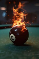 Poster - A burning billiard ball on a pool table, a dramatic scene with flames and smoke