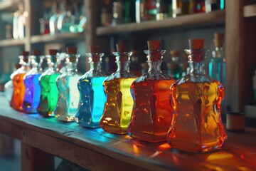 Poster - A collection of glass bottles filled with various colored liquids, arranged in a row