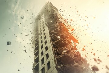 Aufkleber - A damaged high-rise building with debris and rubble on the exterior walls