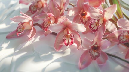 Poster - A collection of pink flowers arranged on a table, great for decorating or as a centerpiece