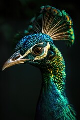 Poster - A detailed view of a peacock's head with vibrant feathers on a dark background