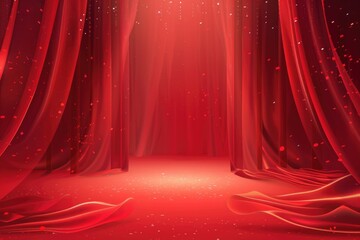 Poster - A classic theater setup with a red stage, curtain, and bright lights