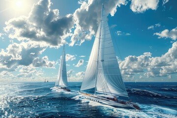 Poster - Two sailboats on the open ocean, a serene scene with blue water and white sails