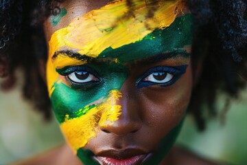 Poster - A close-up photo of a person with a colorful painted face, great for Halloween or costume designs