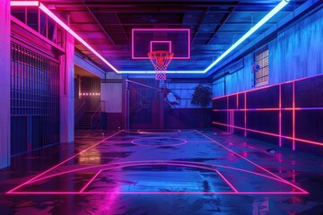 Wall Mural - A brightly lit basketball court with a hoop at the end, perfect for a night game or a unique sports-themed photo shoot