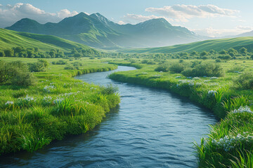Wall Mural - a tranquil river meandering through a green valley. concept of natural pathways and serene environme