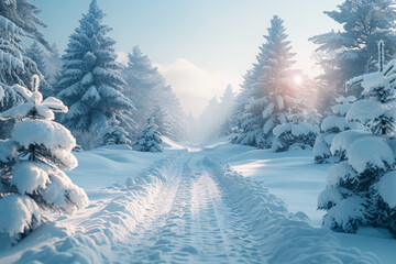 Snow-covered pine trees in a winter wonderland. Concept of snowy forests and winter serenity. Generative Ai.