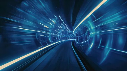 Poster - A train moves through a dark tunnel, its lights illuminating the way.