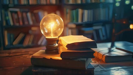 Poster - A single light bulb resting atop a stack of books, suitable for use in educational or inspirational settings.