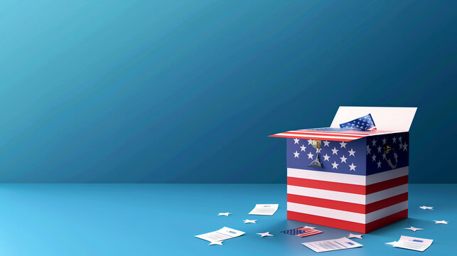 Illustration that captures a U.S. ballot box decorated with the colors of the American flag, with a ballot paper being inserted. The image symbolizes democratic voting and patriotism.