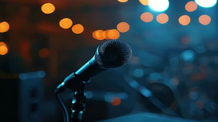 Poster - A microphone placed on a stand before a stage, ready for use.