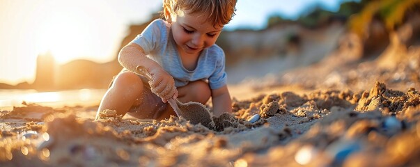 A child digging a hole in the sand with a small shovel, with a smile on their face