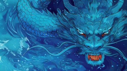 Poster - A blue dragon swimming in the water with its bright red eyes visible.