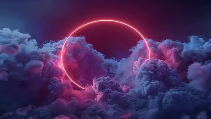 Poster - A vibrant neon circle suspended high above, surrounded by fluffy white clouds.