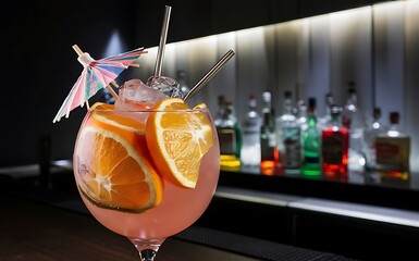 Cocktail with orange and ice on a bar counter background