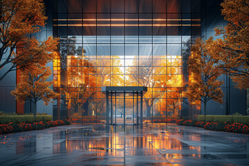 Poster - a corporate headquarters with a modern glass facade. concept of business innovation and architecture
