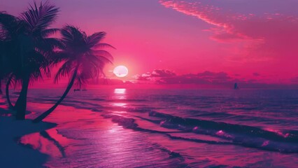 Wall Mural - Beach scenery at sunset with palm trees and pink sky.