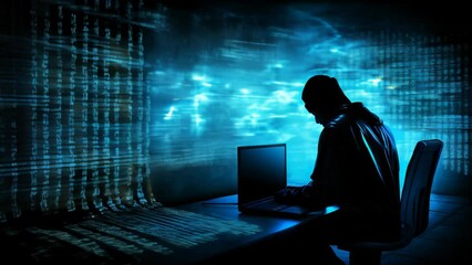 Creative cyberspace, silhouette man with laptop and Digital code around, binary streams depicting data flow and cyber security concept, abstract technology background.