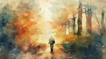 Wall Mural - A person walking along a winding path through dense woods, with sunlight filtering through the trees.