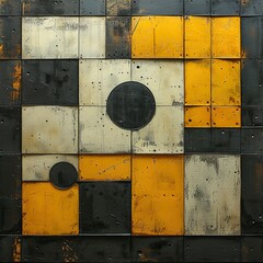 Wall Mural - minimalistic, black, yellow, white, futurism, lines, circles, big square in the middle 