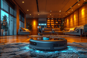 Poster - automatic robotic vacuum navigating around furniture in a minimalist apartment. concept of convenien