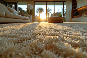 Poster - Carpet shampooer in action, deep cleaning high-traffic areas in a spacious living room. Concept of restoring freshness to floor coverings. Generative Ai.