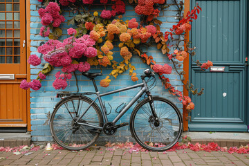 Wall Mural - Black and white bicycle parked against a colorful graffiti wall, highlighting urban contrasts. Concept of street art and transportation. Generative Ai.