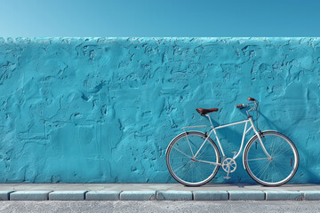 Wall Mural - Black and white bicycle leaning against a vivid blue wall in a bustling city street. Concept of urban transportation and city life. Generative Ai.