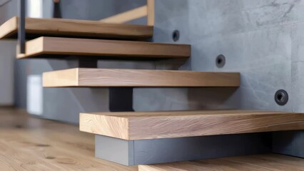 Poster - A close-up view of a wooden staircase, useful for architectural or interior design purposes.