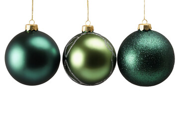 A trio of green gradient Christmas ornaments hanging on a transparent line with a white background, png