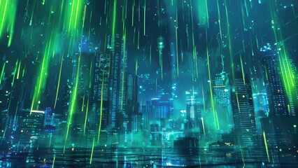 Poster - Cityscape at night with bright neon lights and modern architecture.