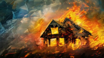 Poster - A burning house against a blue sky.