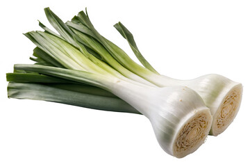 Two stalks of fresh leeks with green tops, isolated on a transparent, png, white background, suitable for food imagery