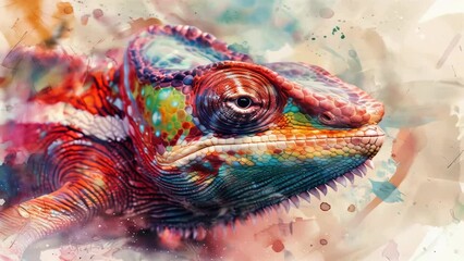 Poster - A close-up shot of a colorful chameleon sitting on a white background, with vibrant green and yellow scales catching the light.