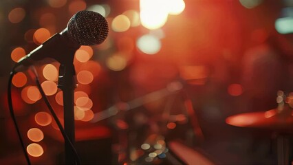 Aufkleber - A single microphone on a stand in front of a stage, ready for use.