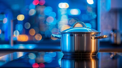 Canvas Print - A stainless steel pot sitting on a counter with blurred lights in the background, AI