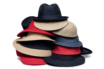 Various stylish hats stacked, making a fashion statement with transparent, white background, png, for clear viewing