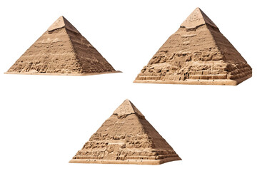 A set of three angled pyramids showcasing different perspectives, isolated transparent on a white background for png use