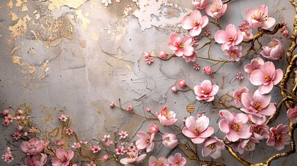Wall Mural - Volumetric sakura flowers and Japanese-style patterns on a plastered concrete wall.